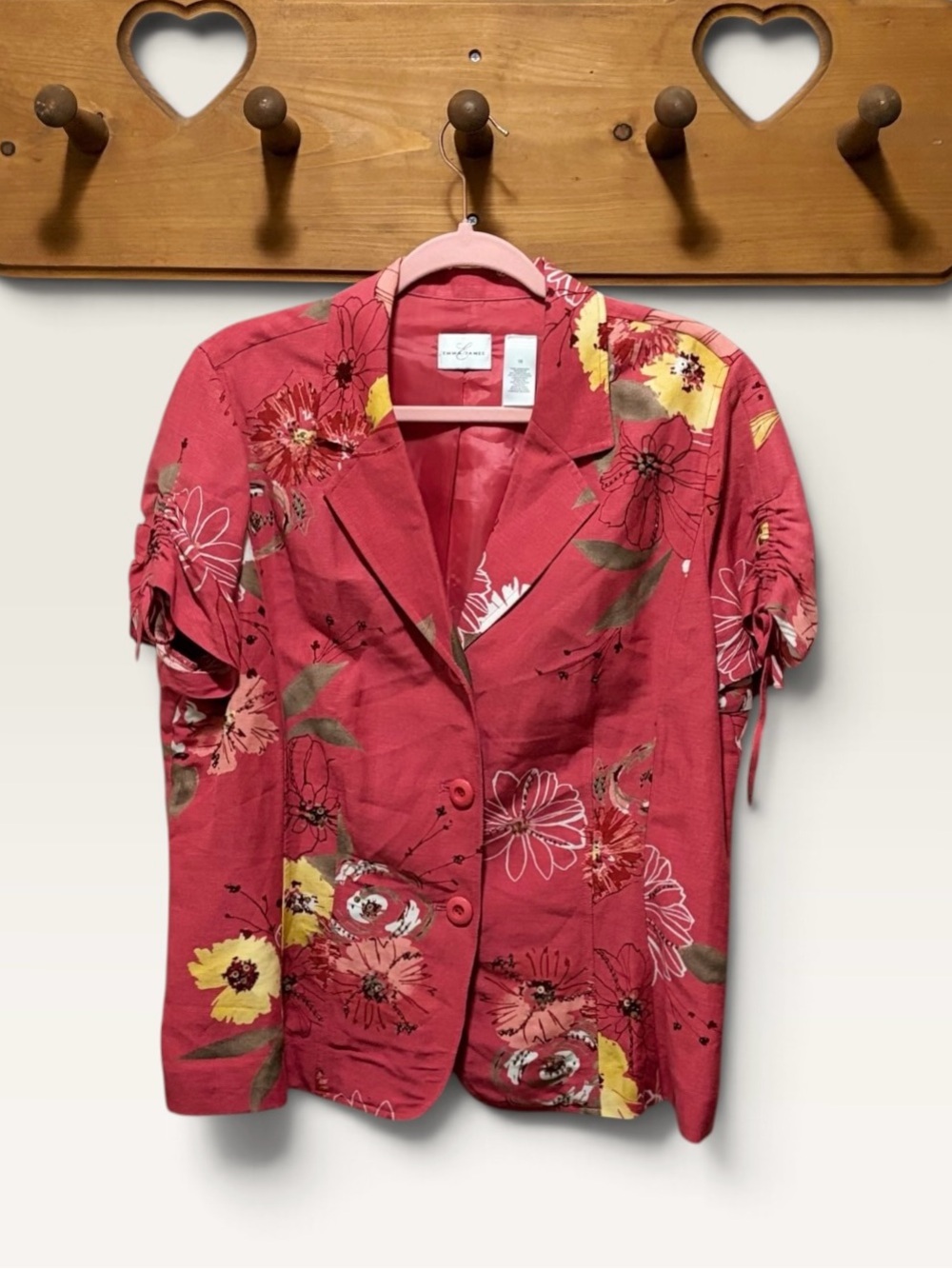 Emma James Linen Blend Floral Blazer Jacket Women’s 16 Coral Ruched Sleeve